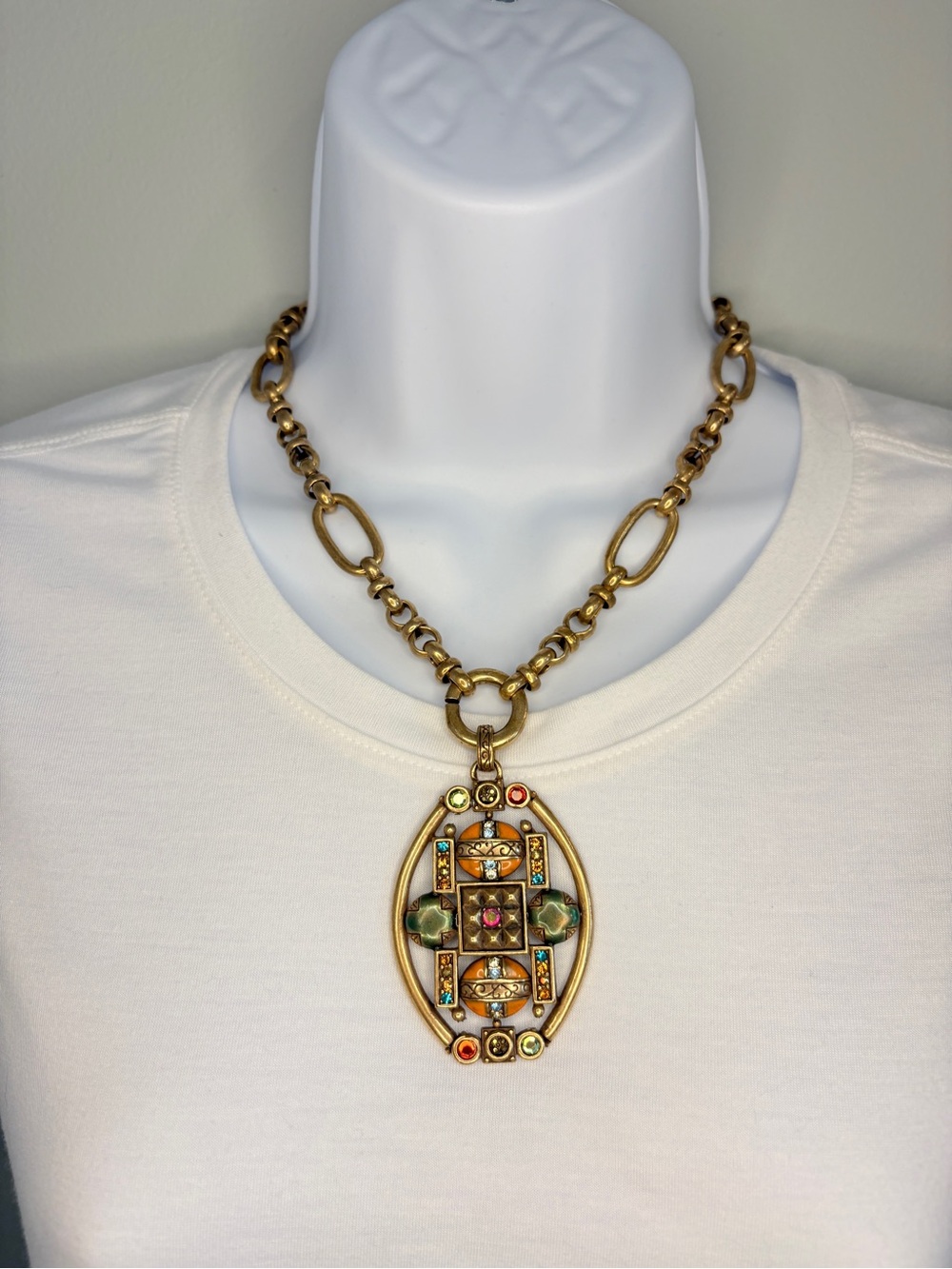 Chico's Gold-Tone Multicolor Enamel and Crystal Oval Pendant Necklace